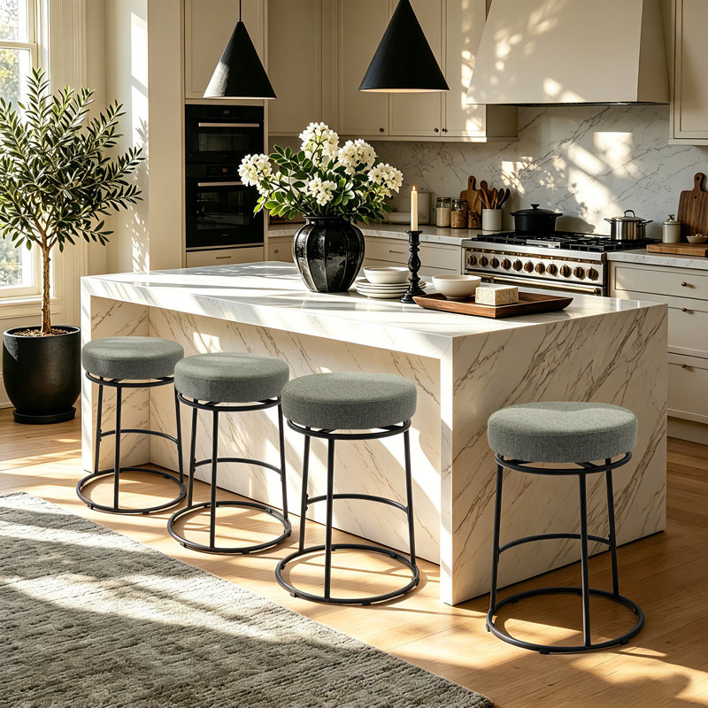 Tabouret de bar pivotant sans dossier moderne, tabouret de bar rond rembourré en lin mélangé avec structure en métal, Vert