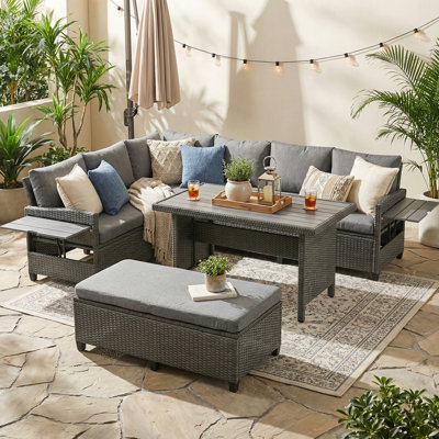 Ensemble de canapé de patio extérieur en rotin 5 pièces, ensemble de meubles de jardin en forme de L en osier avec 2 tables d'appoint extensibles