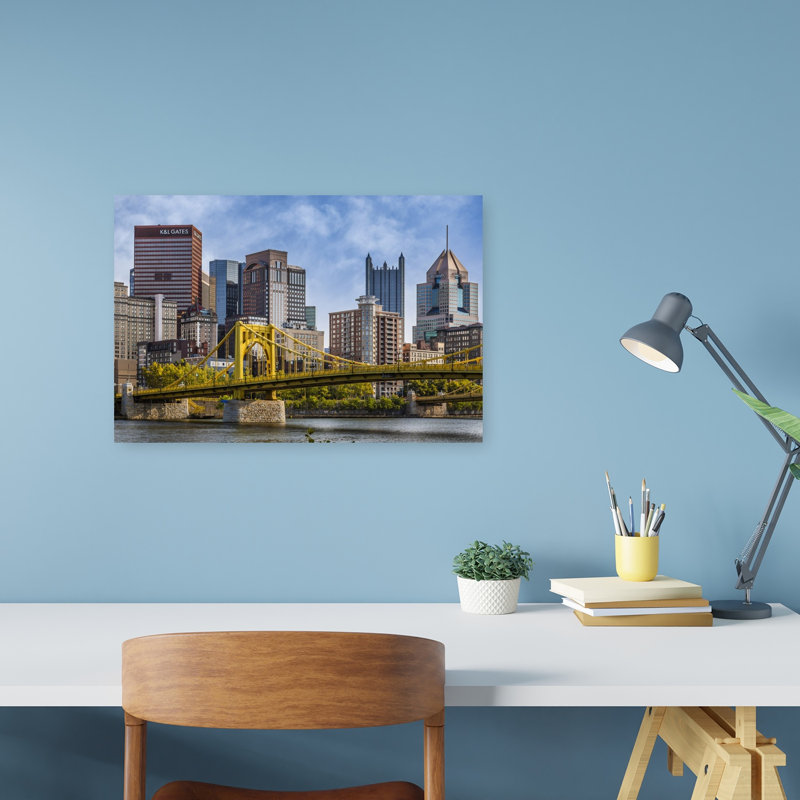 Golden Bridge Pittsburgh Skyline Modern Vibrant Abstract Architecture City Wall Art Print 1 Piece Wrapped Canvas Wall Art
