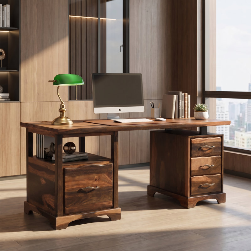  Chaliyah Solid Wood Writing Desk with File Drawer 68" in Brown, Walnut