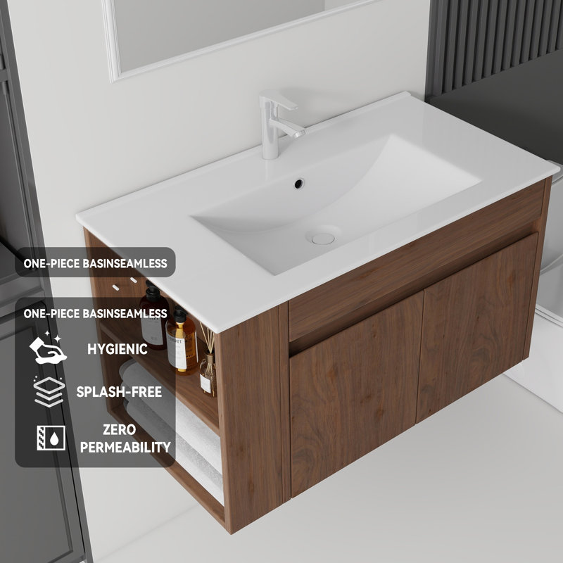 Meuble-lavabo flottant avec lavabo, Brun, L 36 po