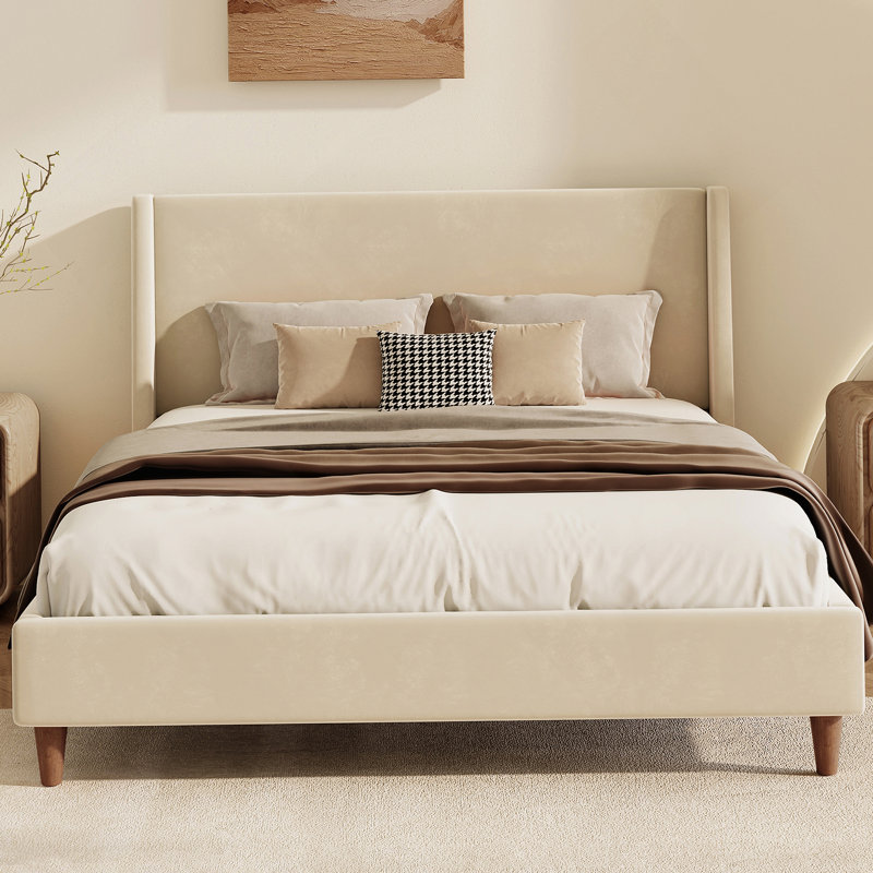 Lit plateforme tapissier moderne avec tête de lit à oreilles, Beige, Très grand
