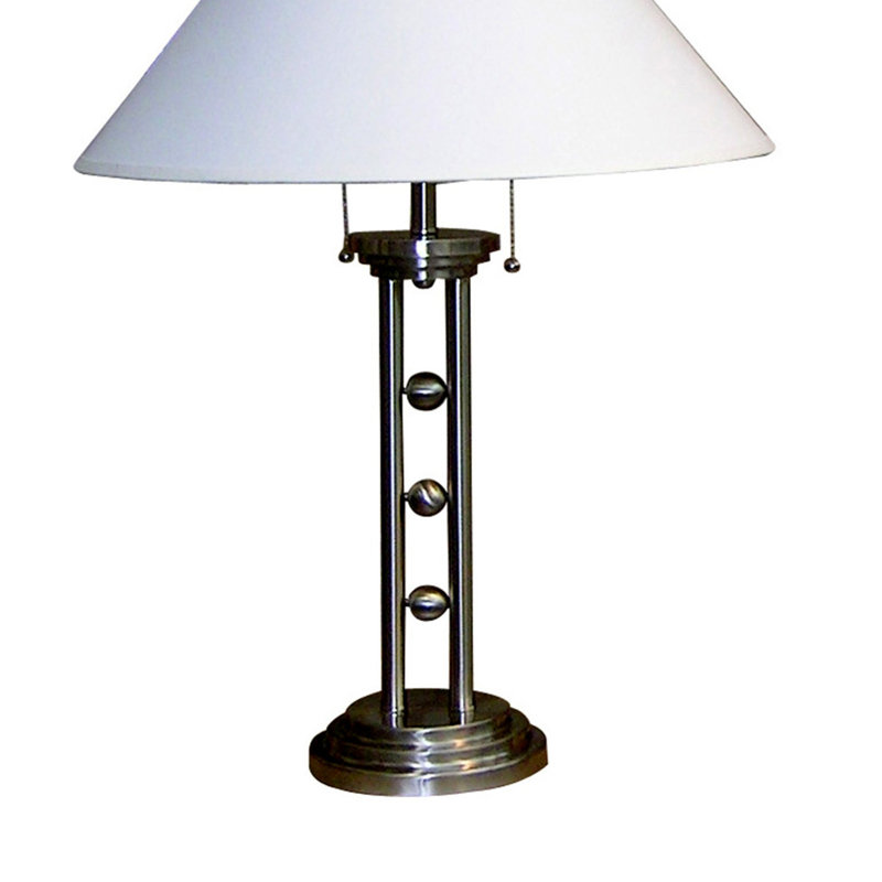 Lampe de table 27 "en métal argenté" avec finition argentée, abat-jour en lin blanc