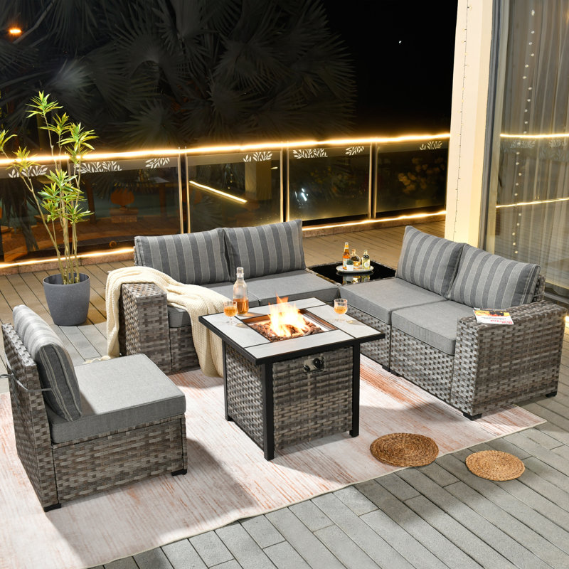 Evanna 5 - Person Patio Conversation Set with Cushions, Gray with Stripes