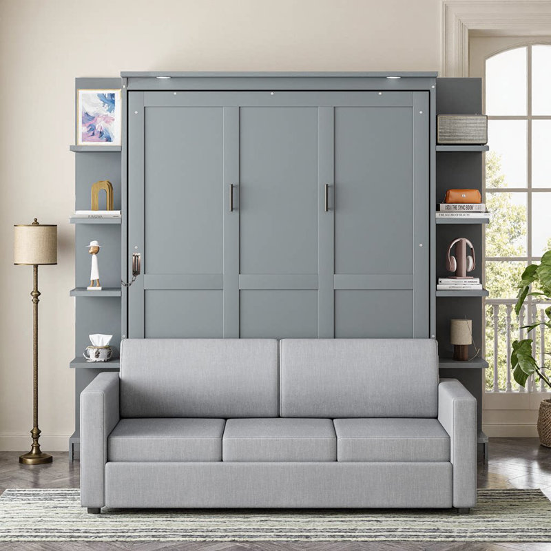 Grand lit escamotable gris avec canapé escamotable - Conception d'armoire pliable peu encombrante, Gris
