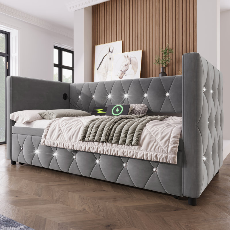 3FT Single Daybed Sofa Bed with Pull-Out Trundle,  Velvet Upholstered Frame, Ideal for Living Room and Bedroom, 90x190cm