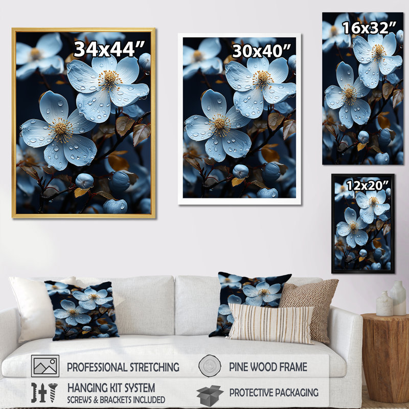 Cornouiller en fleurs dans des tons de gris - imprimé, Cadre simple argenté, H 32 po x l 24 po x P 1 po