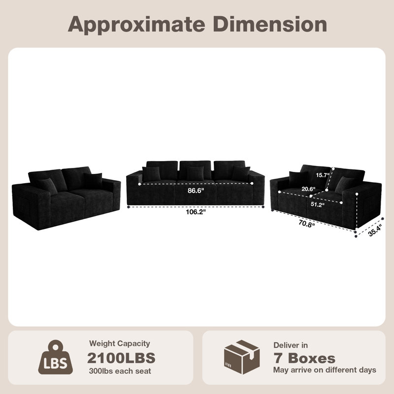 106" Small Living Room Set For 7, Compression Sofa, Black Corduroy, 3 Pcs: 2 Loveseats, Sofa