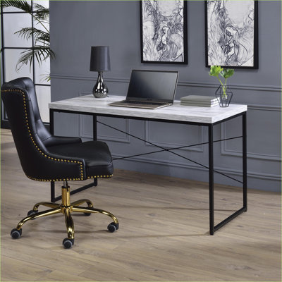 Desks, Industrial Writing Desk with Faux Concrete Top & Metal Sled Base, Antique White/Black | Wood+Metal by Latitude Run