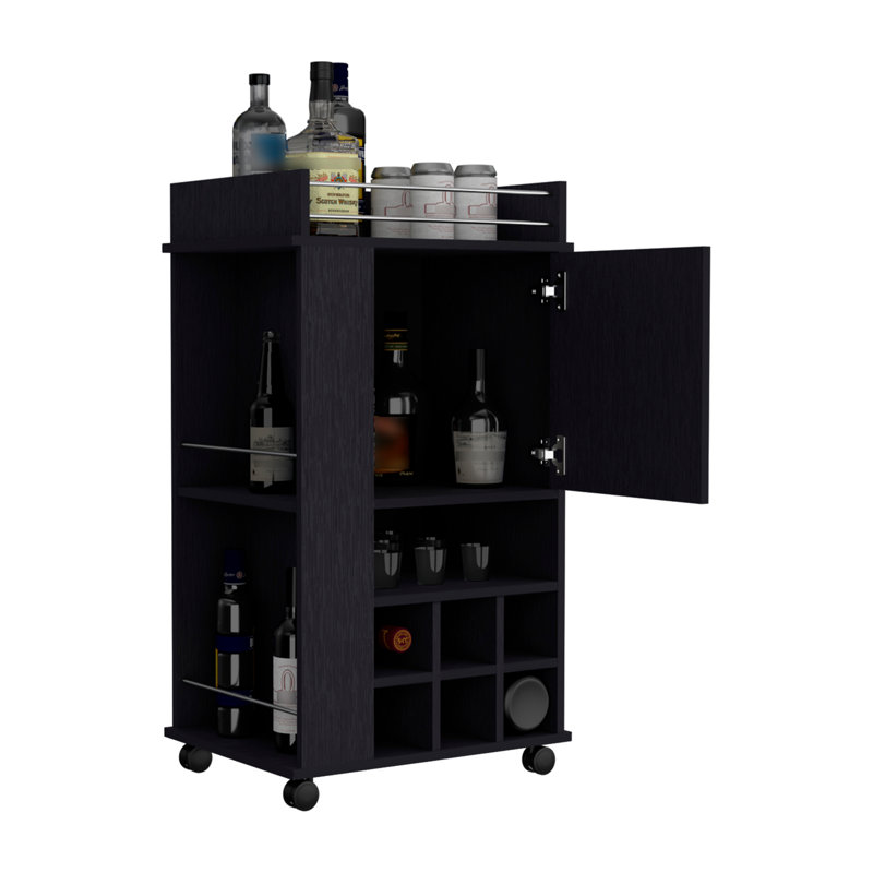 Chariot-bar moderne avec armoire, 6 porte-bouteilles et roulettes intégrés, Noir