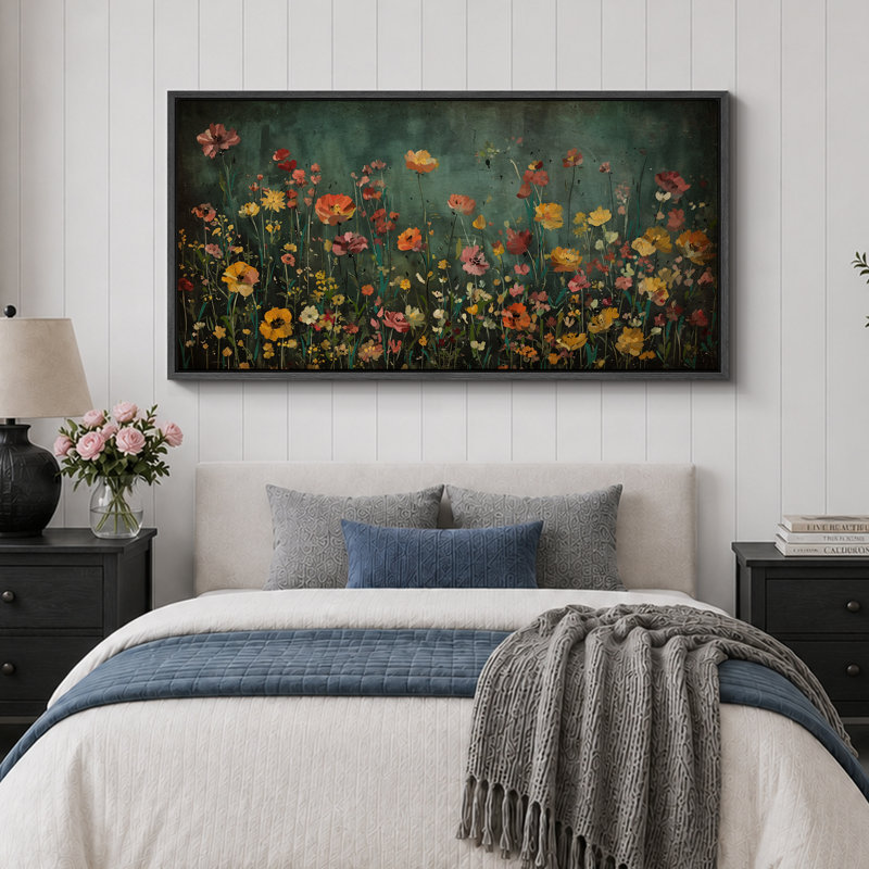 Moody Green Wildflower Florals Modern Decor, très grandes photos, impression sur toile encadrée, H 30 po x l 60 po