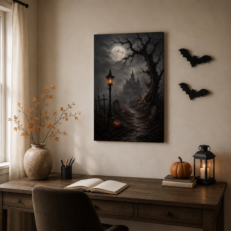 Art mural sur toile gothique Haunted Mansion Under Full Moon, 30"H x 20"W
