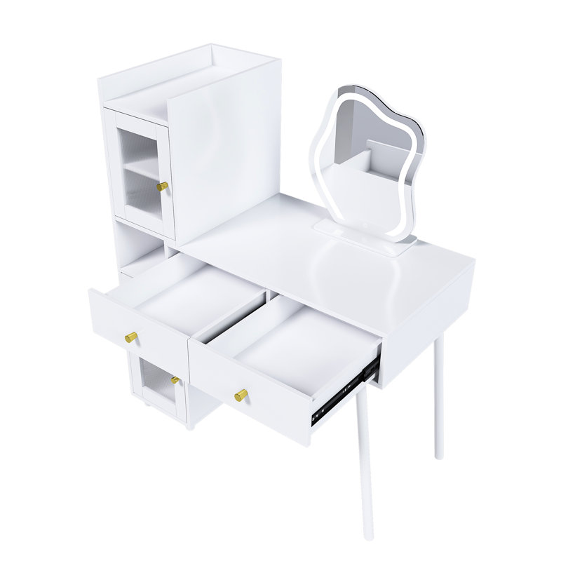 Coiffeuse de maquillage, miroir à DEL, tiroirs, tablettes ouvertes, armoires cachées, bureau de coiffeuse à réglages d'éclairage, modes de couleur