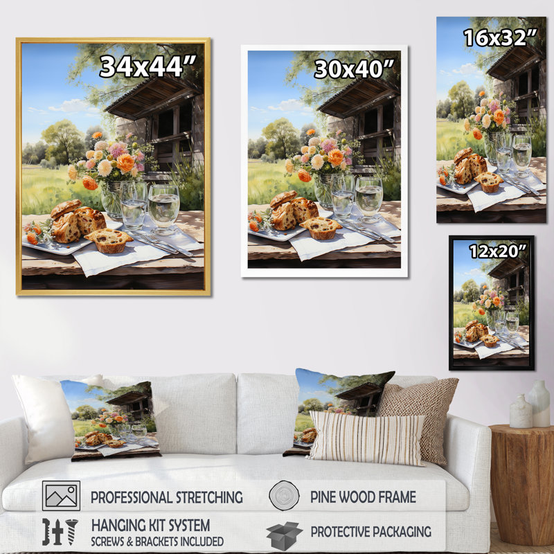 «Farmhouse Picnic Harmony» sur toile, Cadre simple argenté, H 32 po x l 16 po x P 1 po