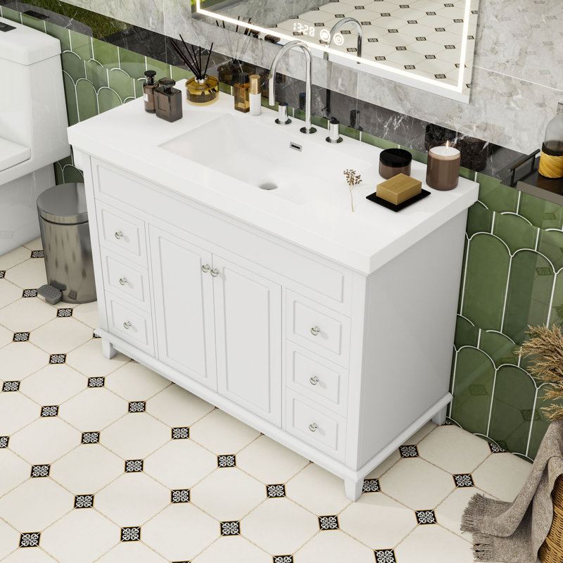 Meuble-lavabo à 6 tiroirs avec lavabo encastré, 2 portes et pieds solides
