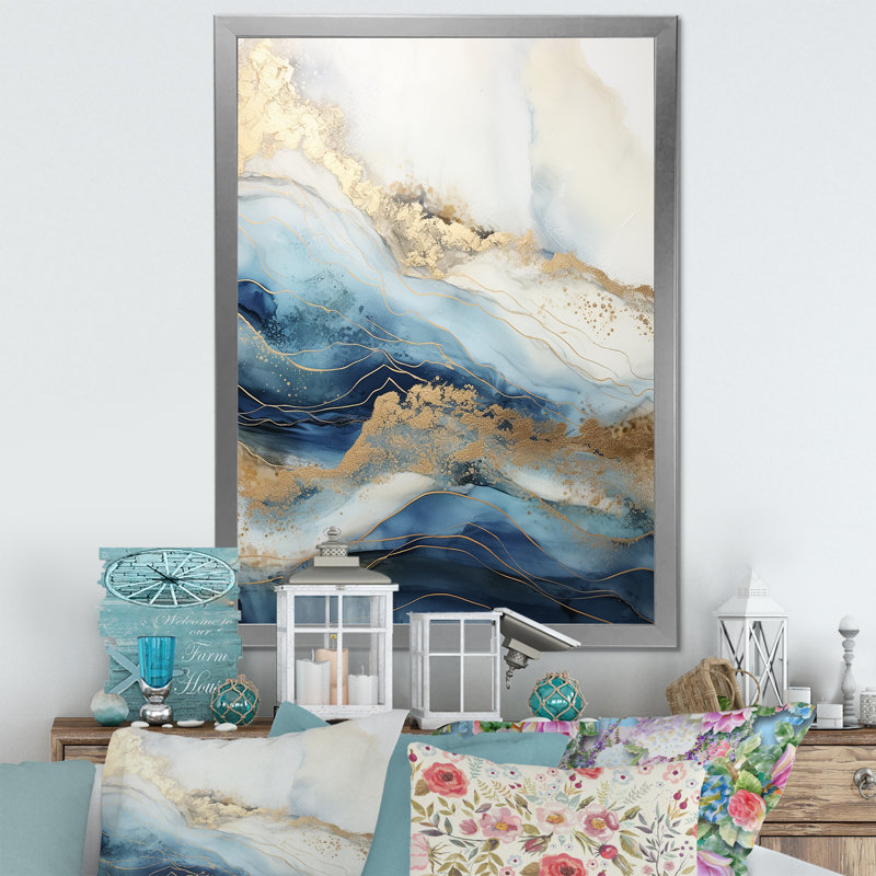 «White and Blue Goldern Abstract River - Northern Lights», art mural sur toile, Cadre flottant doré