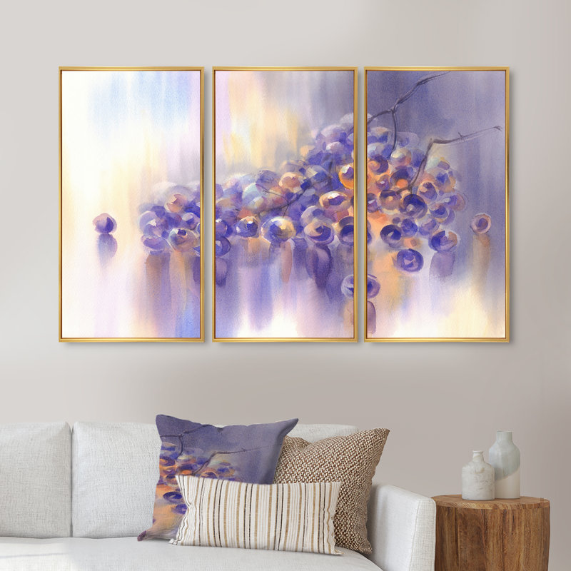 «Painted Impression of Bunch of Purple Grapes», ensemble de 3 reproductions encadrées sur toile, H 32 po x l 48 po x P 1 po