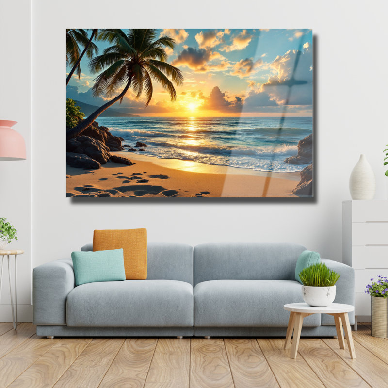 Plage, paysage marin en verre trempé - art mural plage côtière, H 18 po x l 24 po