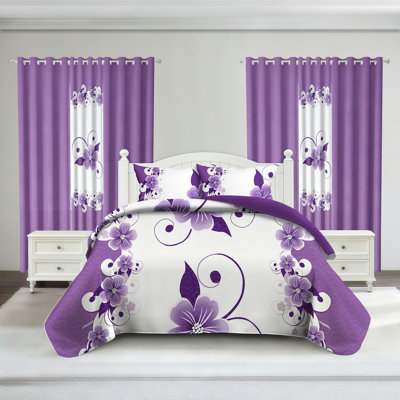 Queen Size Comforter Set 9 Pieces, All Season Luxury Bed in a Bag for Bedroom, With Matching Curtains, Soft Microfiber, Purple Gardenia Flower