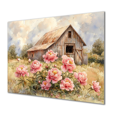 Ferme, pivoines par le poulailler II - pivoines, impression sur métal