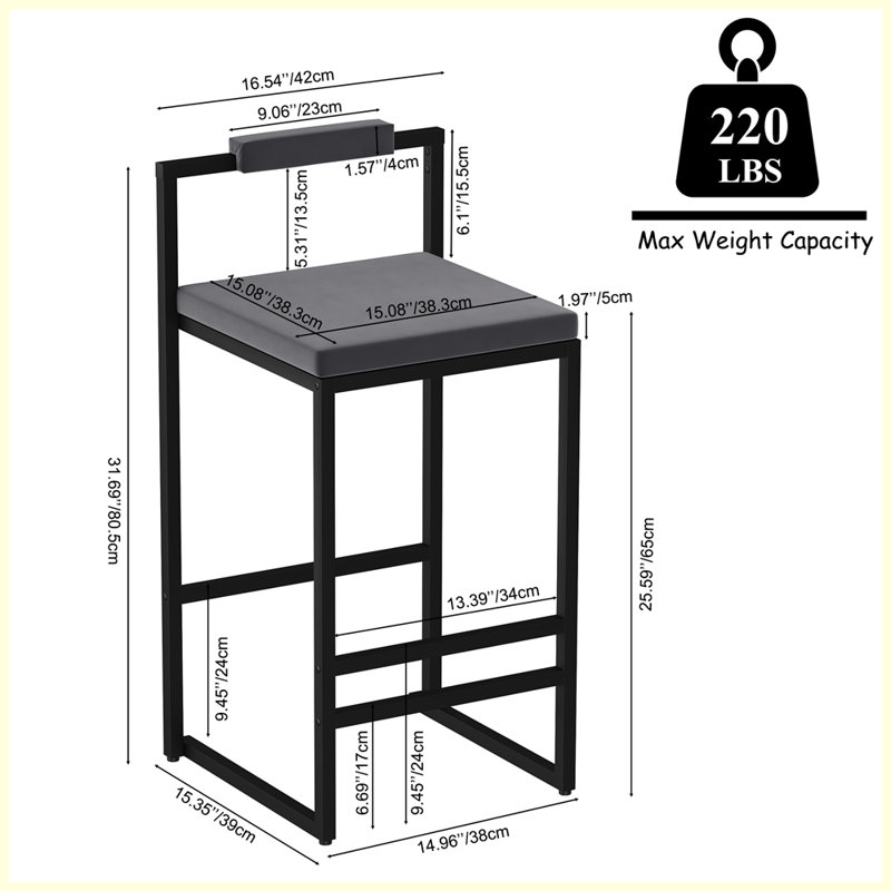 Ensemble moderne de 2 tabourets de bar rembourrés pour la cuisine, Noir, Gris