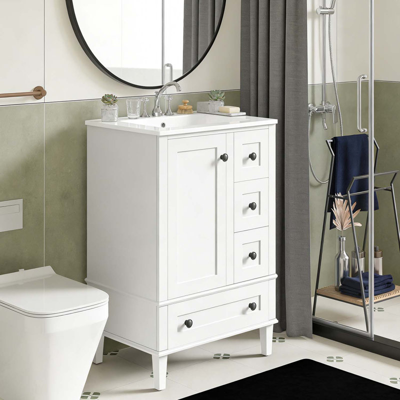 Meuble-lavabo de 24 po avec lavabo en céramique durable, tiroirs à fermeture en douceur et porte, Blanc