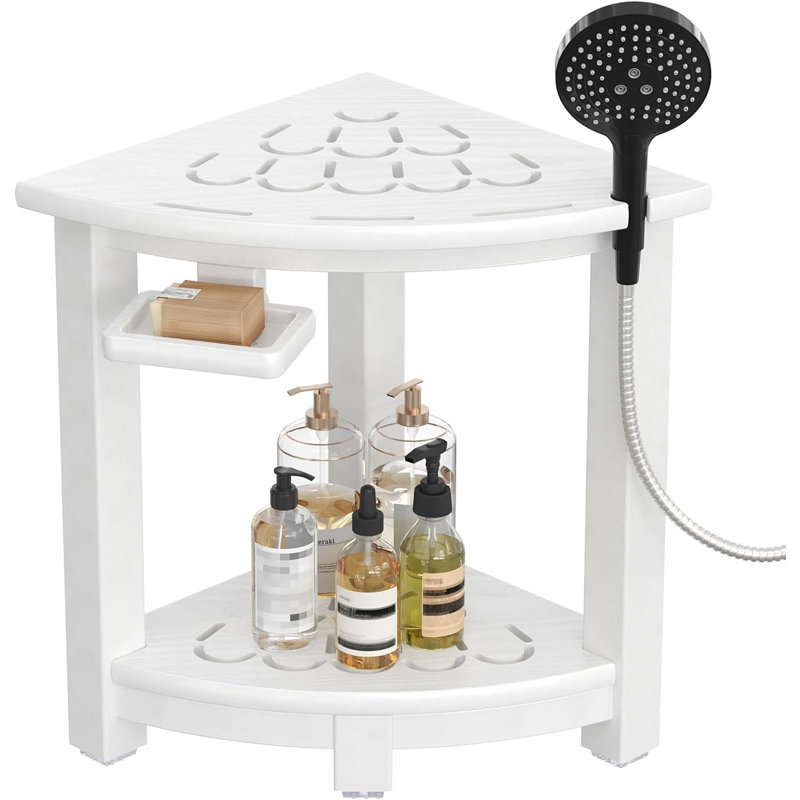 Tabouret de douche en coin, banc de douche en PEHD pour l'intérieur de la douche (blanc) | Petit siège de douche pour se raser les jambes, avec tablette de rangement