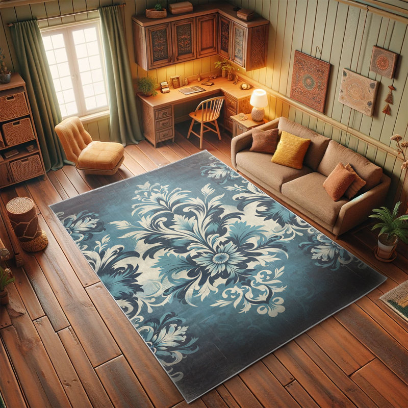 Sea Blue and Dark Purple Damask Synthetic Area Rug