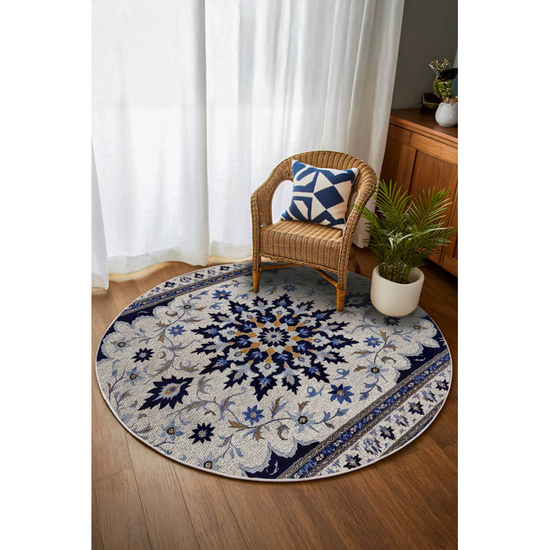 Quarza Collection Digital Print Cotton-Polyester Gray Navy Moroccan Rug, Round 2'8"