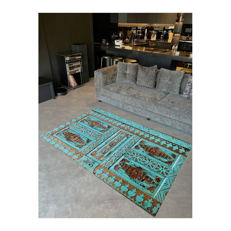 Tapis décoratif lavable turquoise, Sous-tapis rectangulaire 3 pi 11 po x 5 pi 11 po i