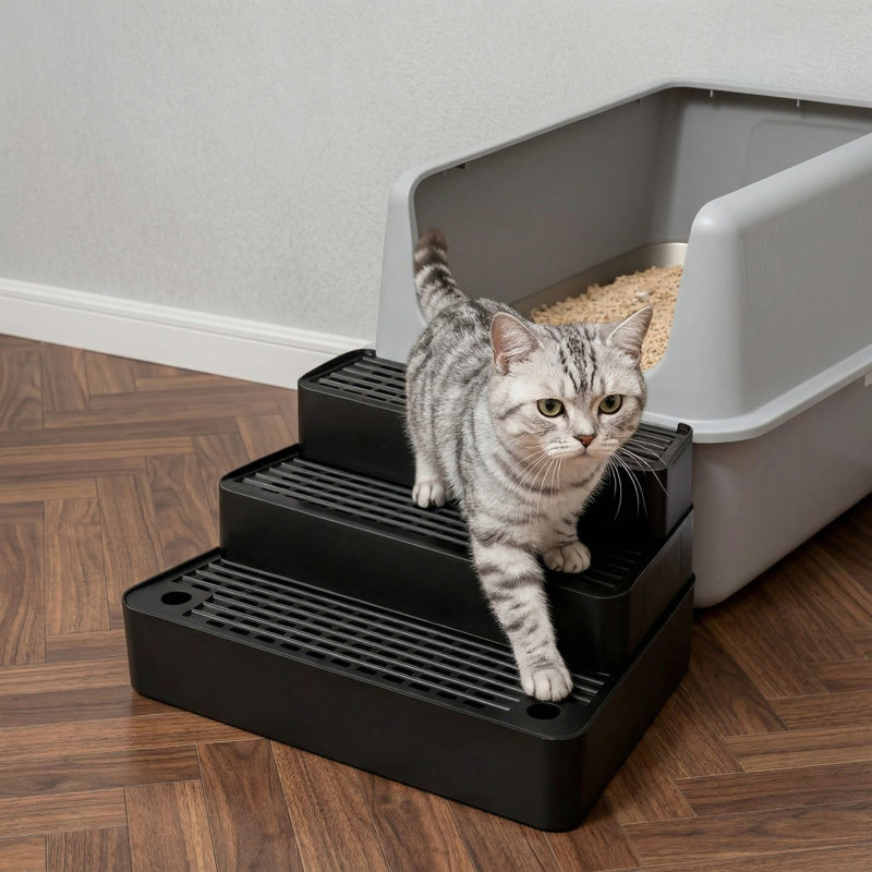 Marchepied réglable pour bac à litière à 3 niveaux, rampe avec fonction de filtre, surface antidérapante et nettoyage facile, conçu pour les petits et les grands chats, gris clair