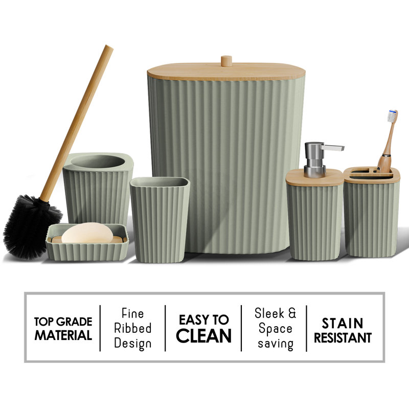 Complete 8 Piece Bathroom Accessory Set with Bamboo Accents, Trash Can, Toilet Brush & 2 Bath Rugs Included, Sage Green