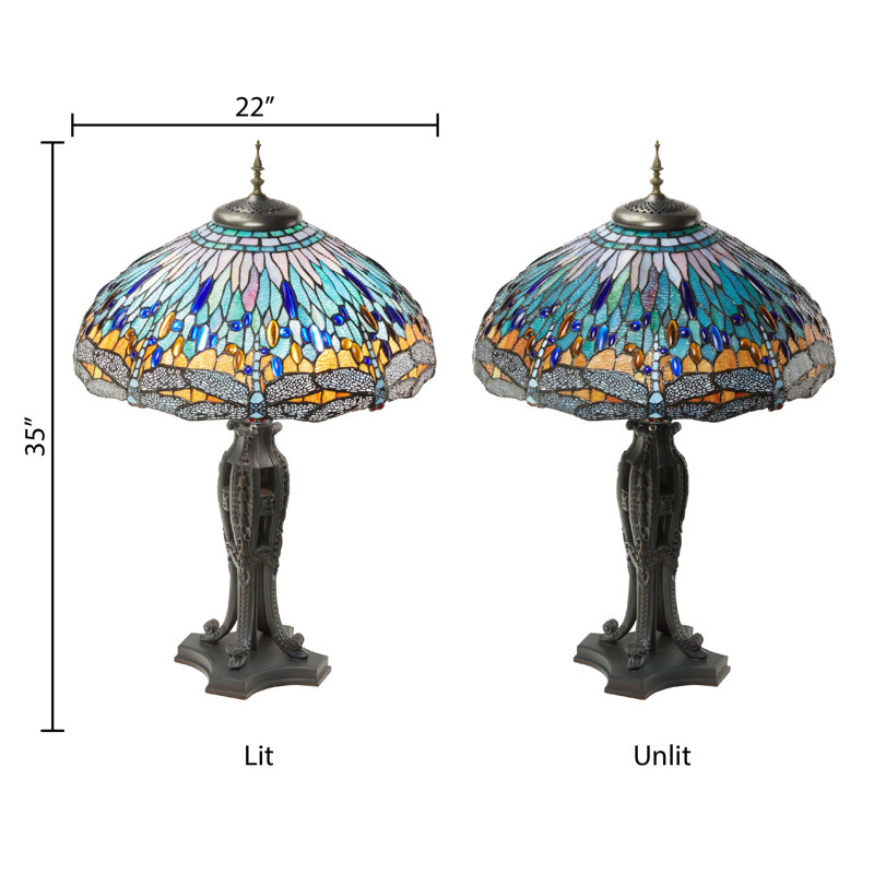 35" Antique Bronze Dragonfly Tiffany-Style Stained Glass Table Lamp