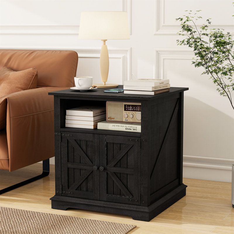 24" Farmhouse End Table&Nightstand  With Charging Station  And Barn Door, Black, 1