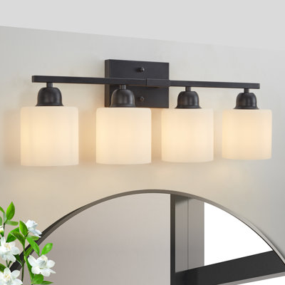 24“ Matte Black Bathroom 4-Light Vanity Light, Modern Wall Sconce with Milky White Frosted Glass Shades, E26 Socket for Mirror, Bedroom & Hallway