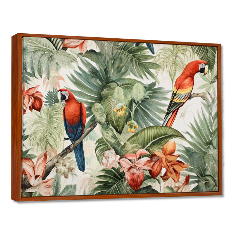 Perroquet au paradis I - art mural perroquet, H 34 po x l 44 po x P 1,5 po, Brown Floater Framed