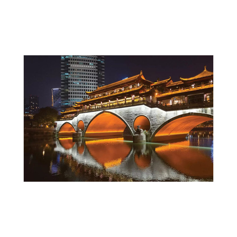 Night View Of Anshun Bridge With Reflection In Jin River, Chengdu, Sichuan Province, China by Keren Su - Wrapped Canvas Gallery-Wrapped Canvas Giclée
