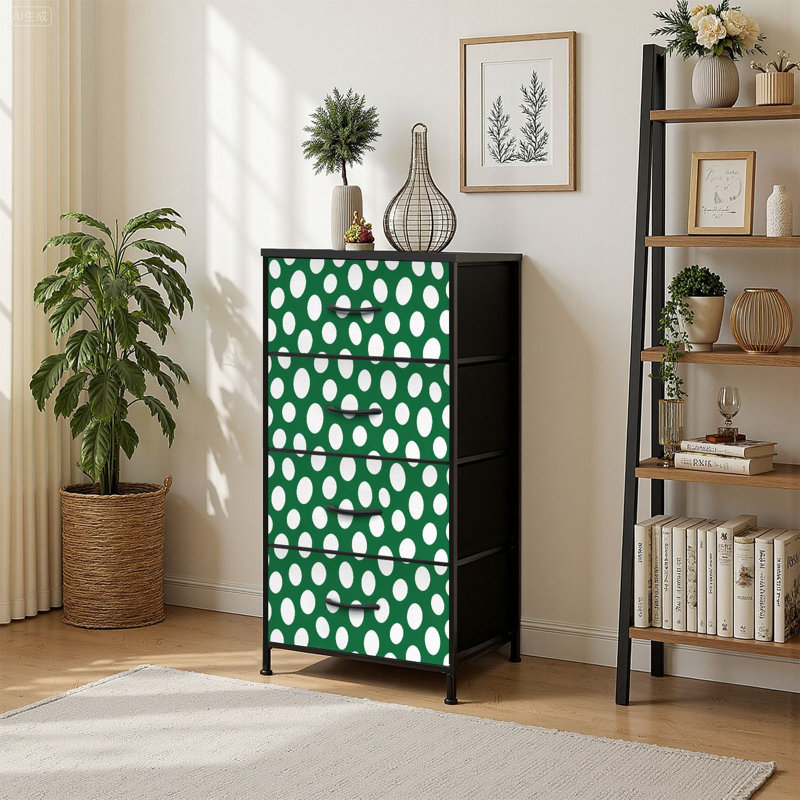 4-Drawer Dresser for Bedroom Green Polka Dot Irregular White Circles for Decorative Design Small Tall Clothes Dresser for Closet Organizers with Chest of Drawers Fabric Storage Bins Dressers