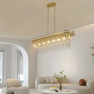 Lustre rectangulaire moderne en cristal de 39 po avec finition dorée, élégant luminaire suspendu avec perles en cascade