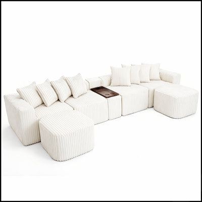 Canapé spacieux en forme de U avec ports USB et chargeur sans fil, table basse, porte-gobelet, repose-pieds amovible et revêtement en velours côtelé pour un confort d'assise optimal.