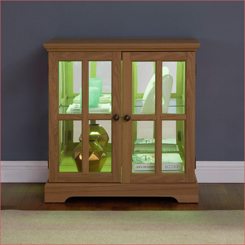Cabinets with LED Lights &amp; Adjustable Shelves | Walnut Brown Retro Display Cabinet | Traditional | MDF+glass
