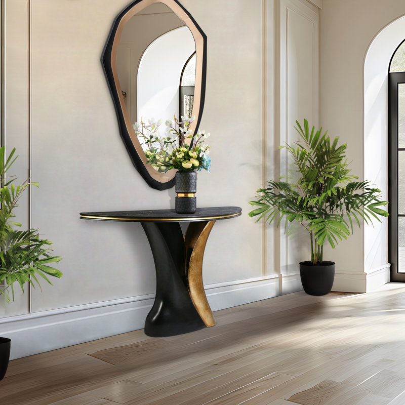 Contemporary Black Antique Brass Half Moon Console Table