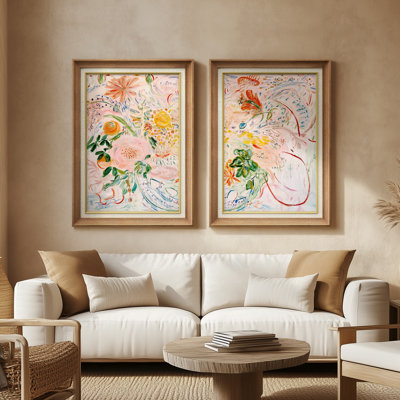 Colorful Abstract Floral Art Bright Decorative Wall Decor – Set of 2 Premium Framed Wall Art Print on Paper 26"x36"