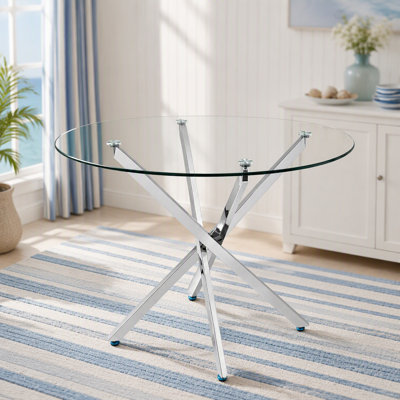 Table ronde moderne en verre, 35,43 pouces de verre trempé avec un cadre argenté. Ensemble de table de cuisine pour salle à manger, table de fête, table de conférence, salon, bureau, café, cuisine à domicile, chambre à coucher