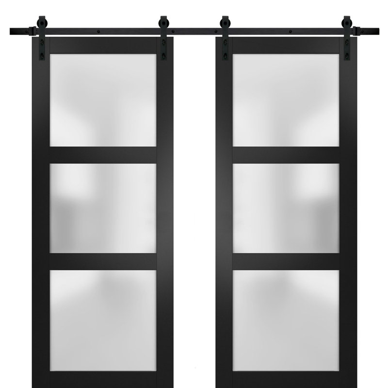 Portes de grange en verre givré Lucia avec quincaillerie d'installation, Noir, Noir mat, 64 po x 96 po