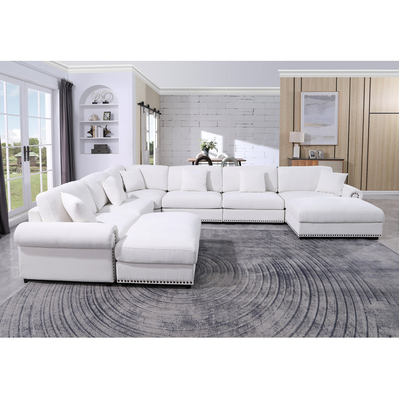 Oversized Corner Sectional Sofa With Reversible Chaises 8 Seat Chenille Cloud Sectional Couches, White Chenille