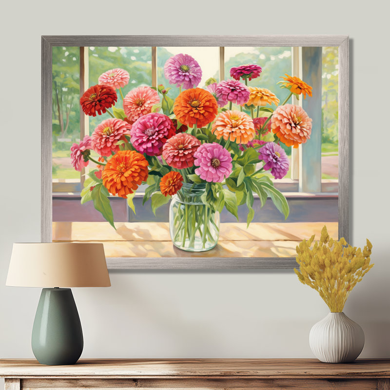 Zinnias Farmhouse Still Life - Zinnias, art mural, Cadre simple argenté, H 34 po x l 44 po x P 1,5 po
