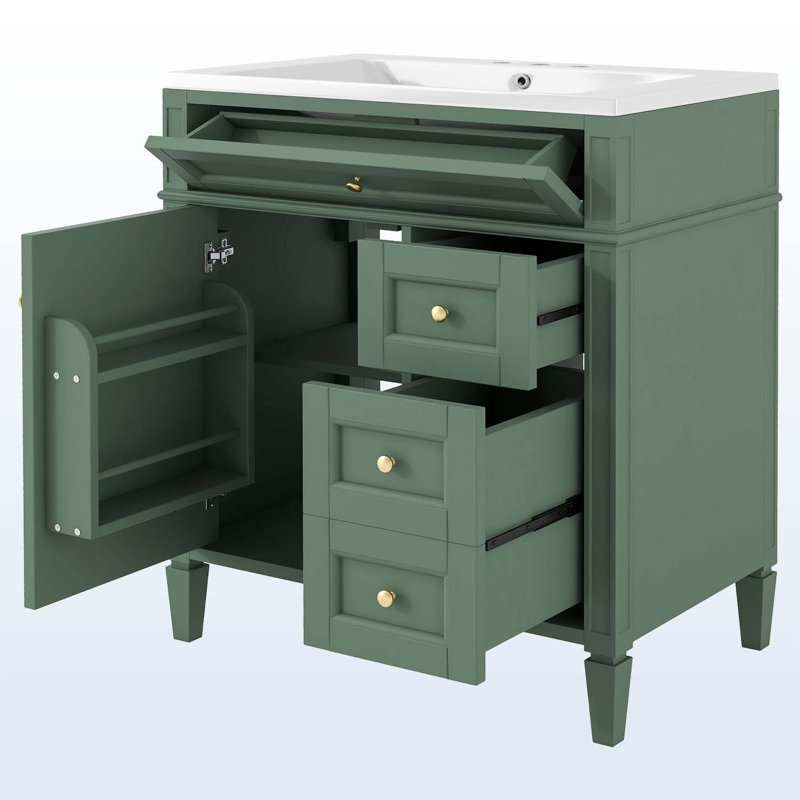 Tahaj Wood + Resin Freestanding Bathroom Cabinet, Green/Gold