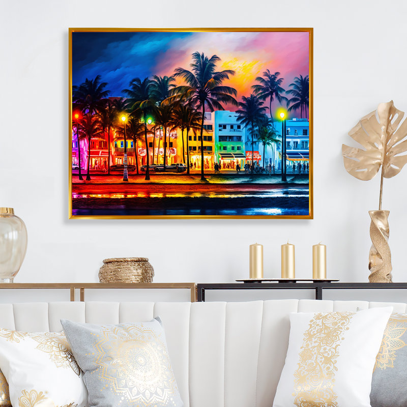 «Miami Beach Holidays II», reproduction sur toile, L 32 po x H 16 po, Toile avec cadre flottant or