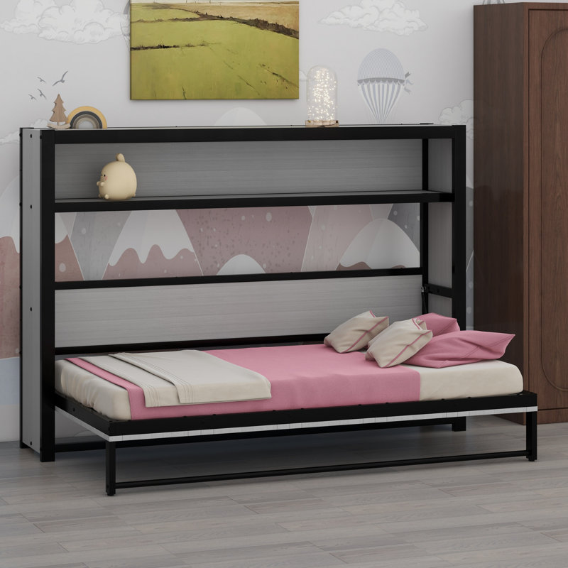 Lit escamotable avec tablettes, lit escamotable en métal au design pliable et peu encombrant